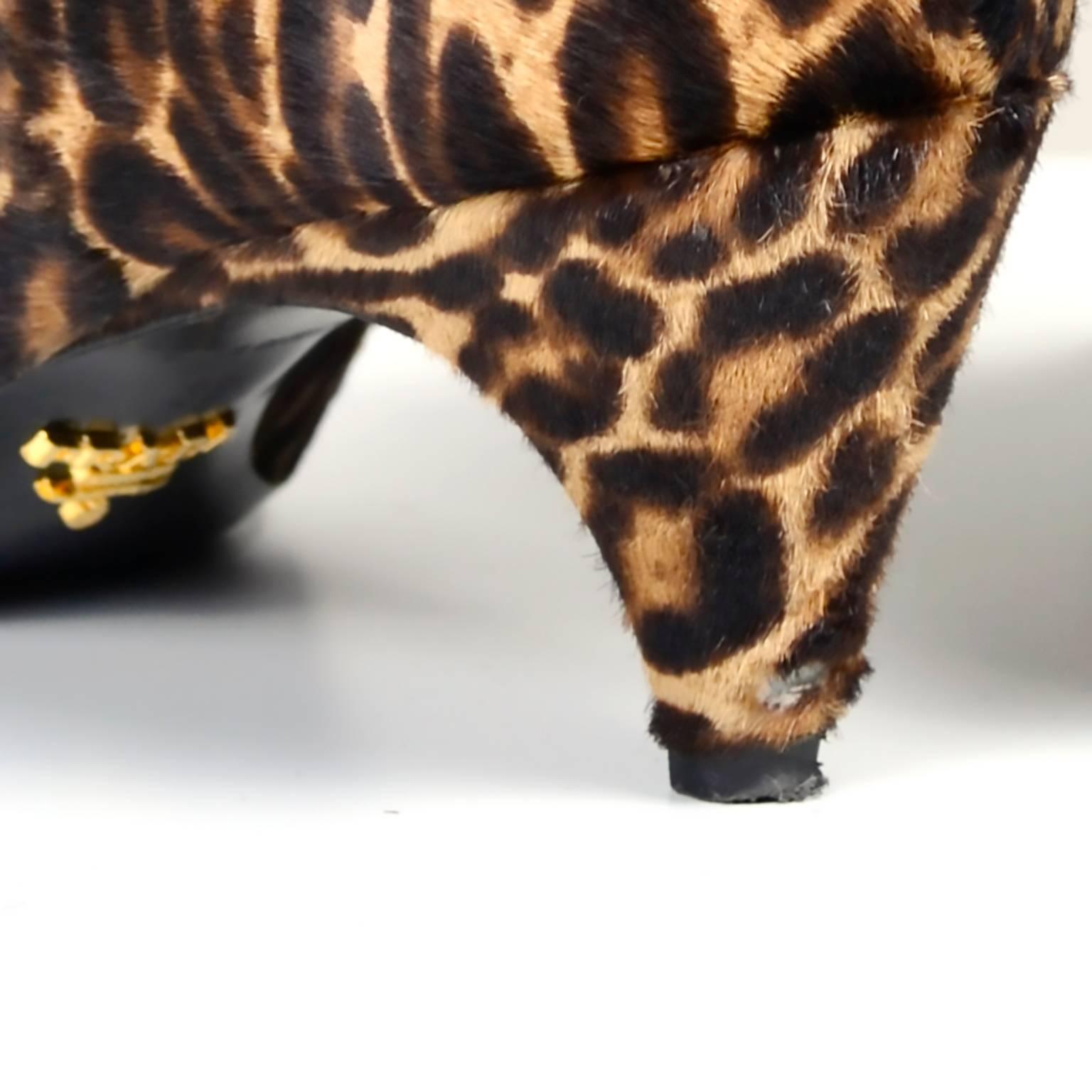 Women's Pointed Toe Prada Leopard Print Fur Boots or Booties in Size 38 W/ Kitten Heels