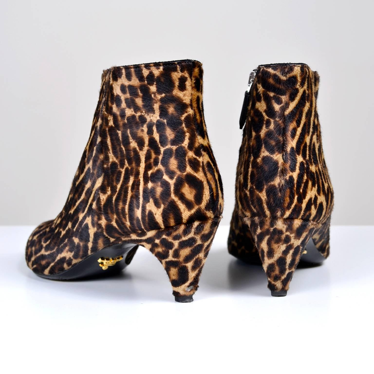 Black Pointed Toe Prada Leopard Print Fur Boots or Booties in Size 38 W/ Kitten Heels