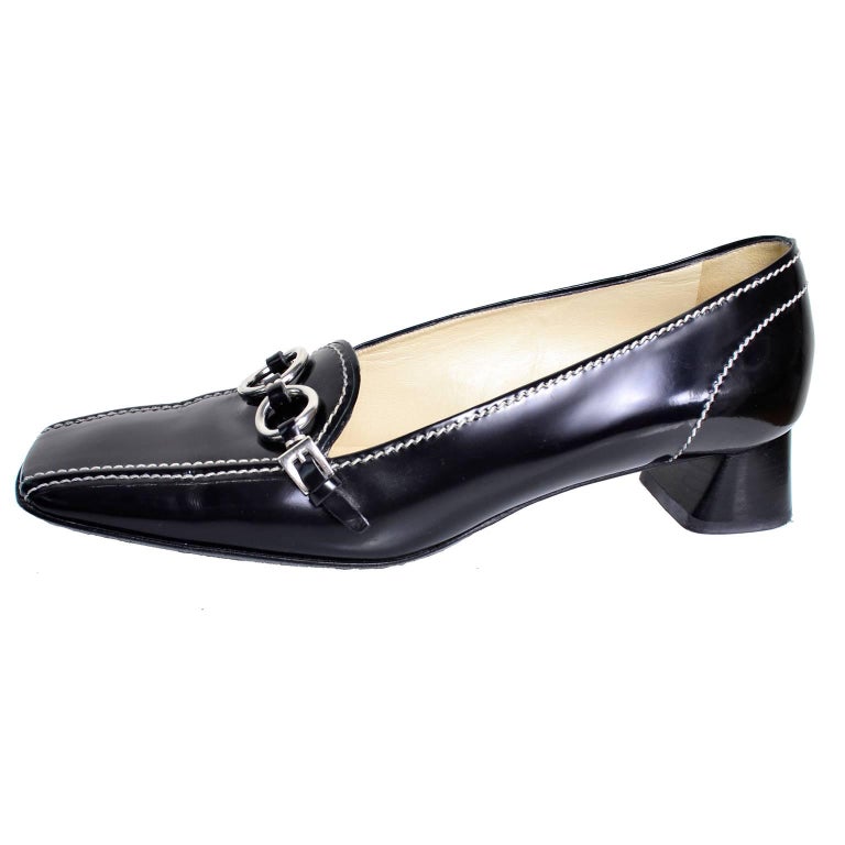 1990s Prada Block Heel Square Toe Shoes Black Loafers With Silver ...