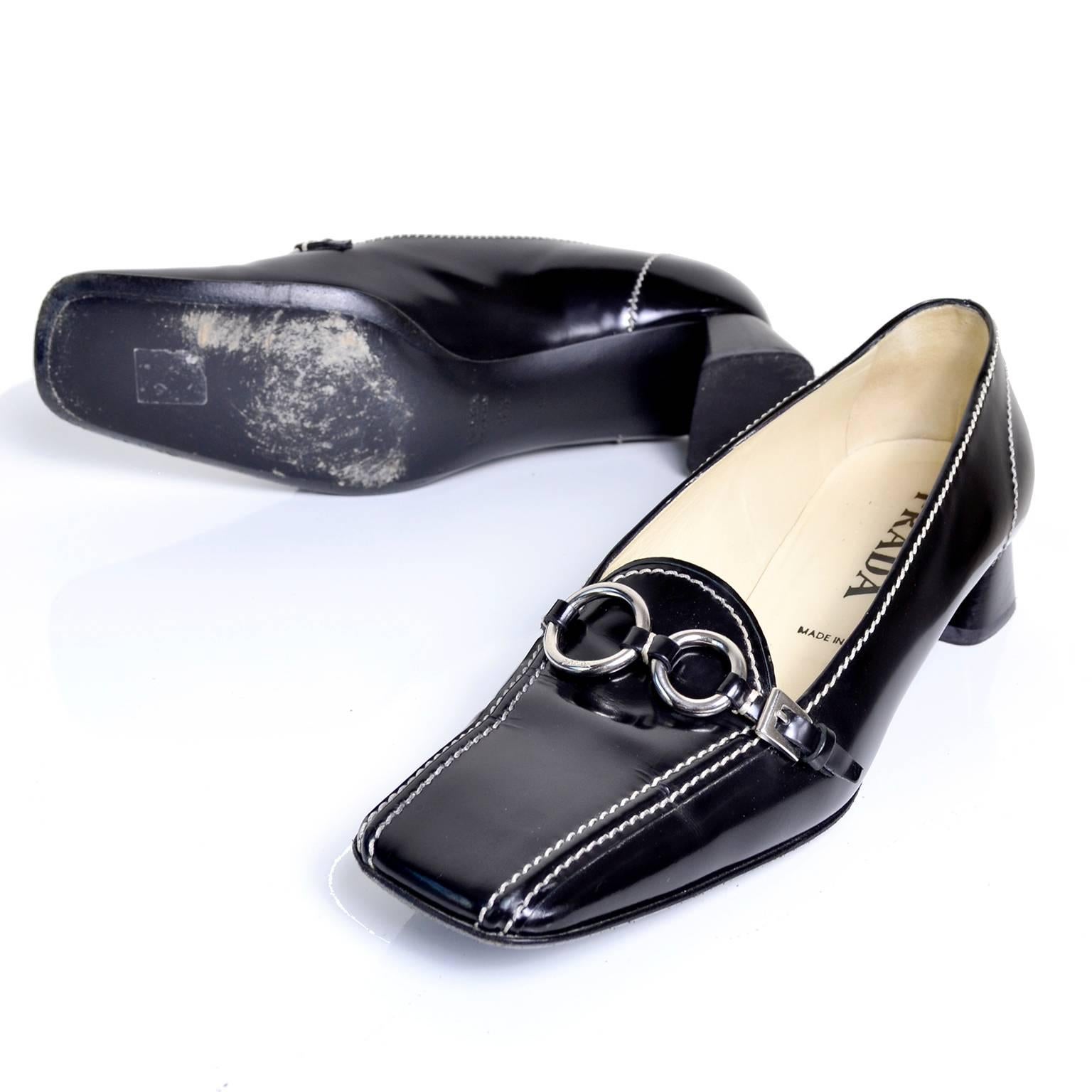 1990s Prada Block Heel Square Toe Shoes Black Loafers With Silver Buckles 2