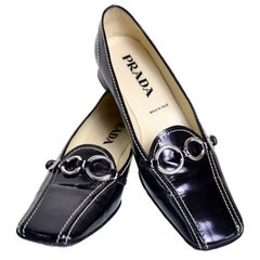 1990s Prada Block Heel Square Toe Shoes Black Loafers With Silver Buckles