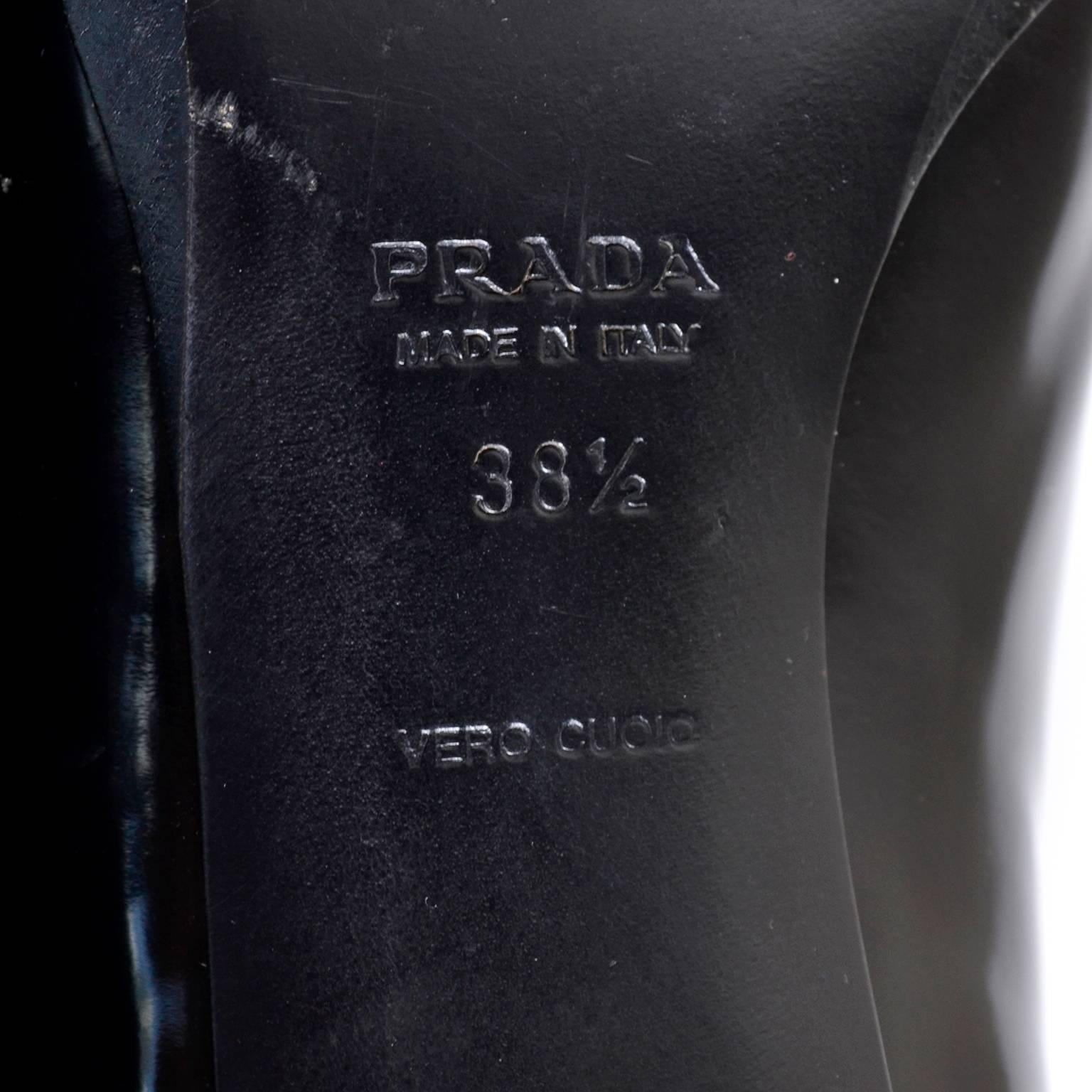 1990s Prada Block Heel Square Toe Shoes Black Loafers With Silver Buckles 1