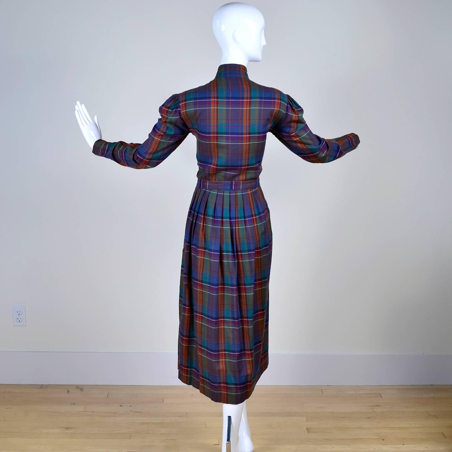 Rare Vintage Ralph Lauren 1980s High Neck Plaid Prairie Style Dress Size 8 In Excellent Condition For Sale In Portland, OR