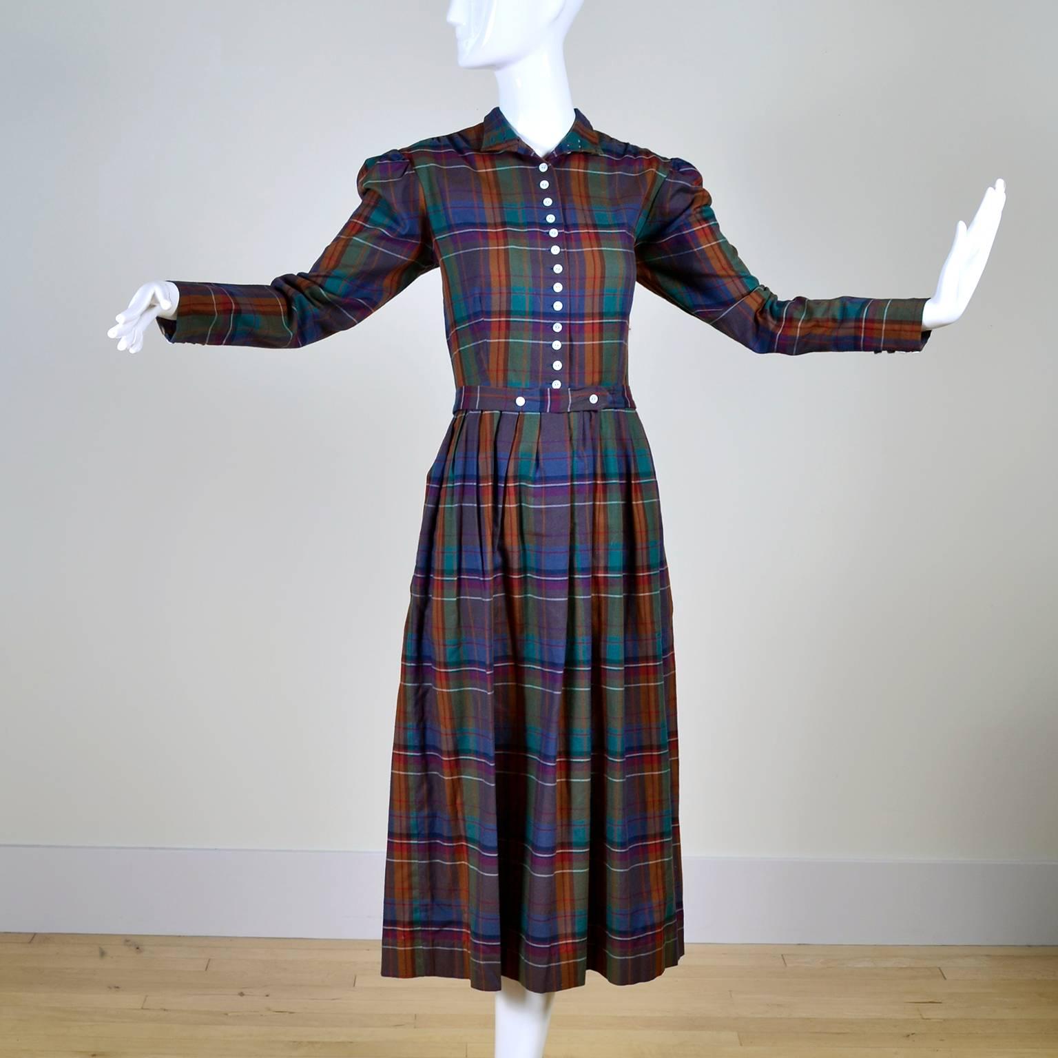 Women's Rare Vintage Ralph Lauren 1980s High Neck Plaid Prairie Style Dress Size 8 For Sale