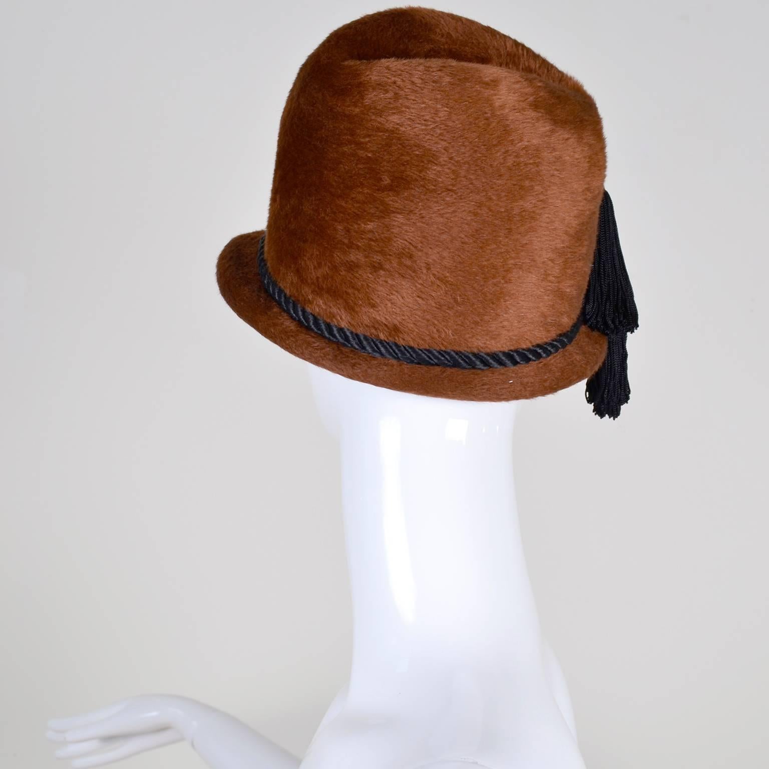 Brown Yves Saint Laurent YSL Vintage Faux Fur Cloche Hat with Tassels, 1970s 