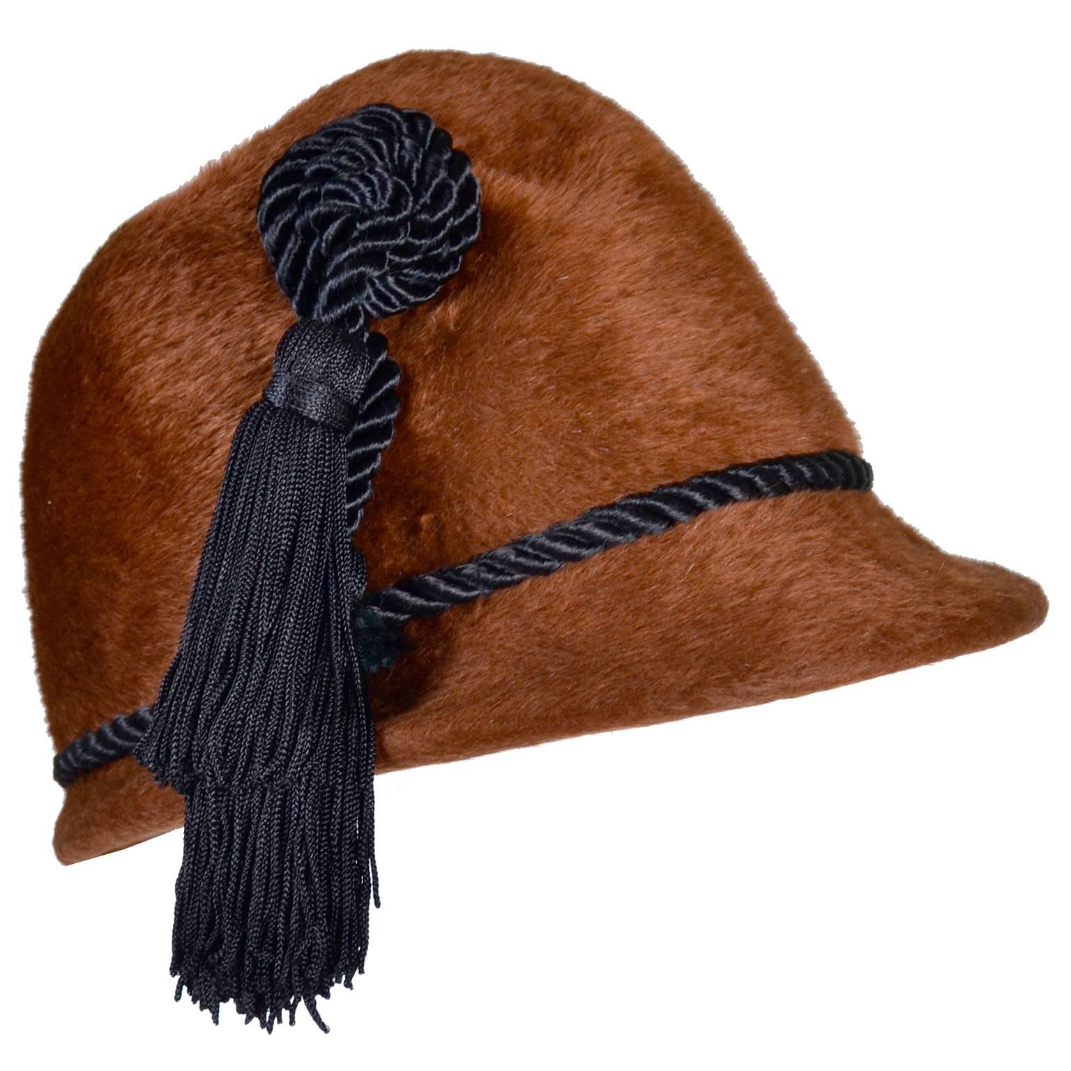 Yves Saint Laurent YSL Vintage Faux Fur Cloche Hat with Tassels, 1970s 