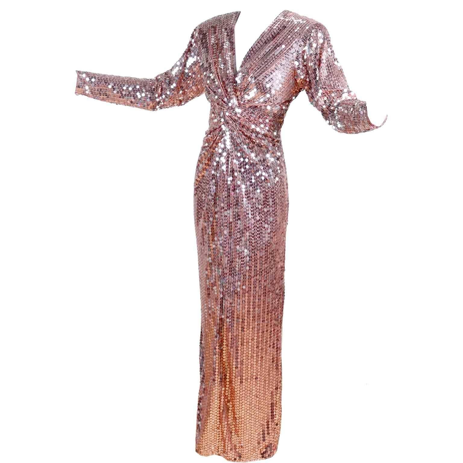 Oleg Cassini Vintage Rose Gold Sequin Evening Gown Dress