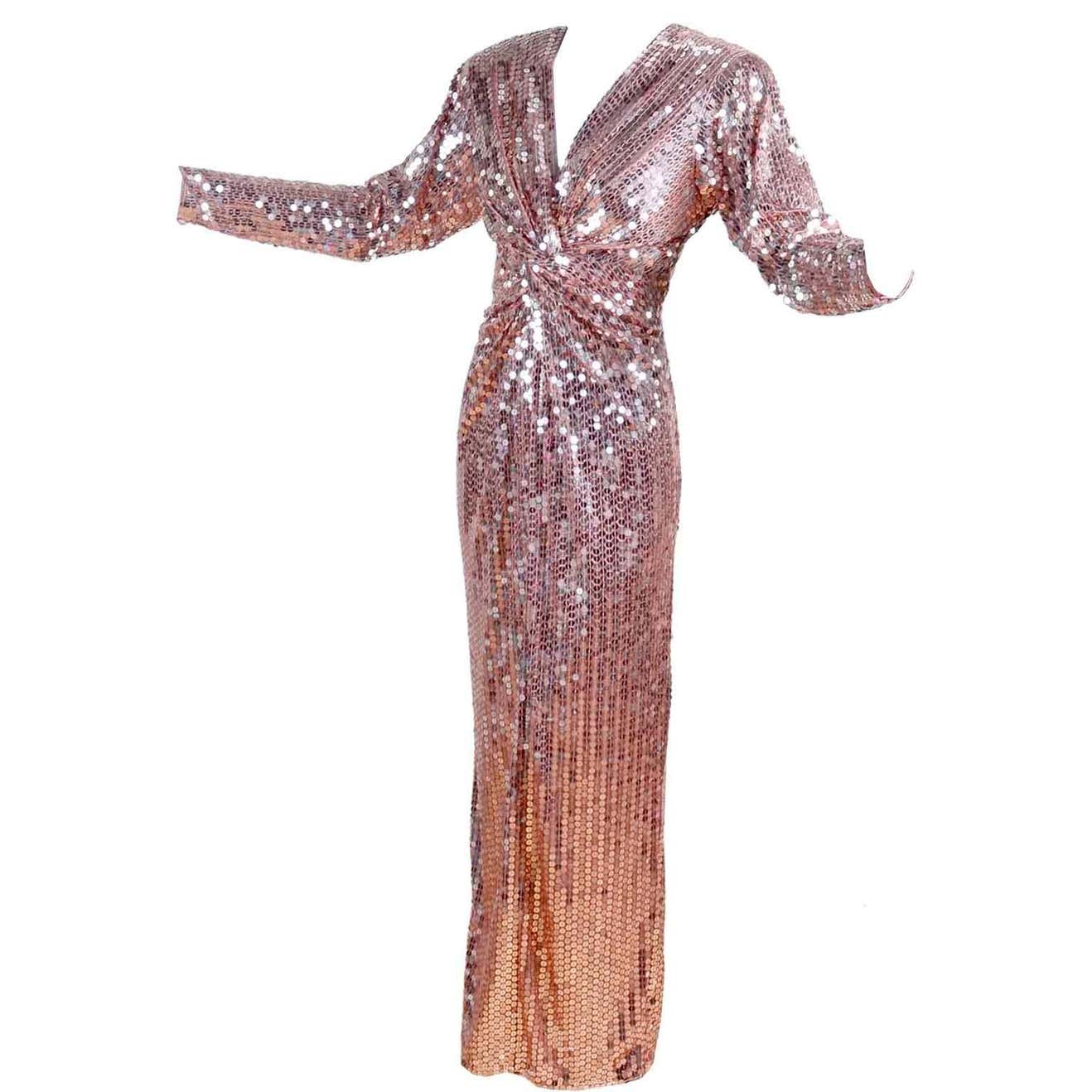 Oleg Cassini Vintage Rose Gold Sequin Evening Gown Dress at 1stDibs ...