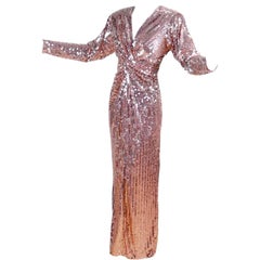 Oleg Cassini Retro Rose Gold Sequin Evening Gown Dress