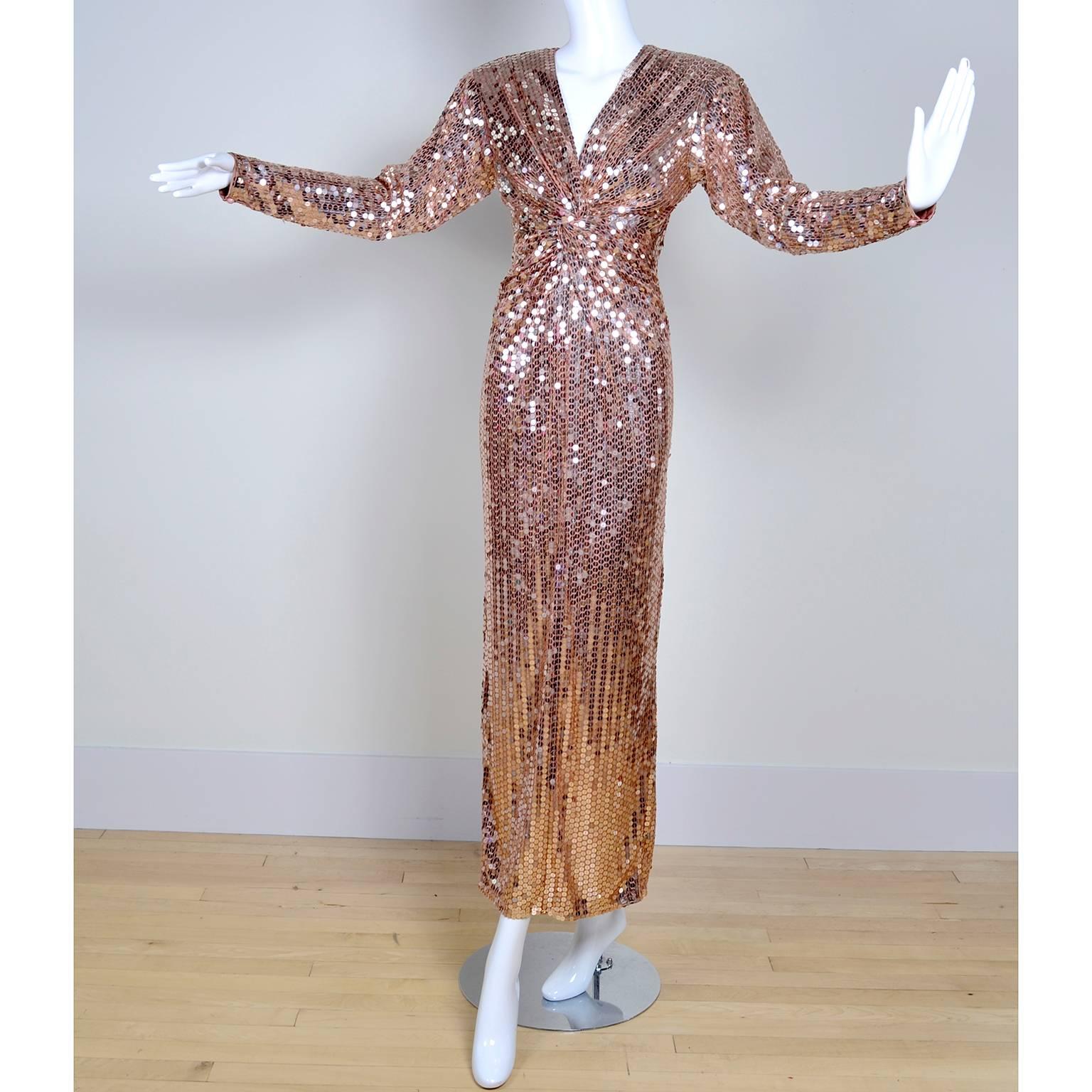 Brown Oleg Cassini Vintage Rose Gold Sequin Evening Gown Dress