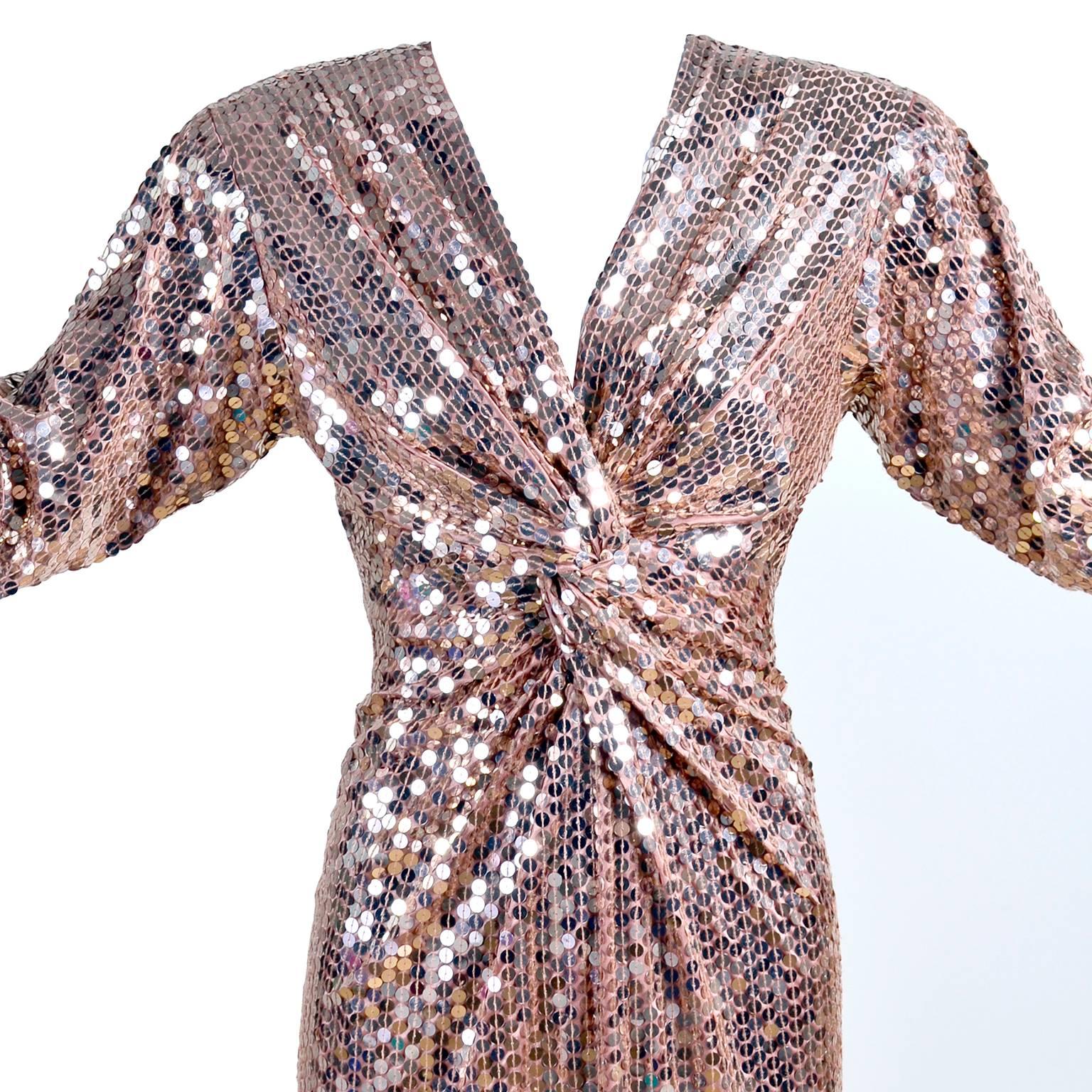 Women's Oleg Cassini Vintage Rose Gold Sequin Evening Gown Dress