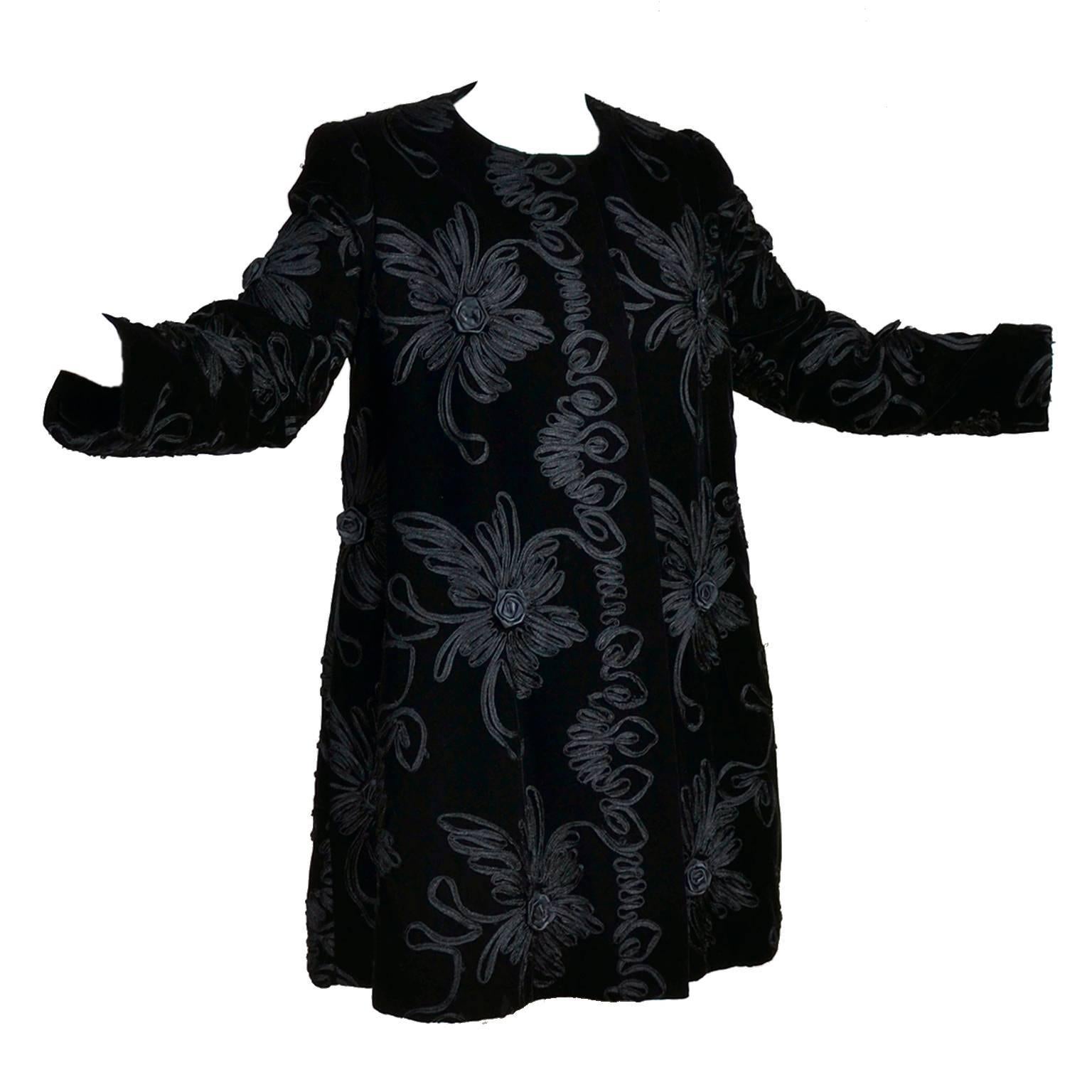 1980s Black Velvet Estevez Couture Evening Coat With Soutache Trim