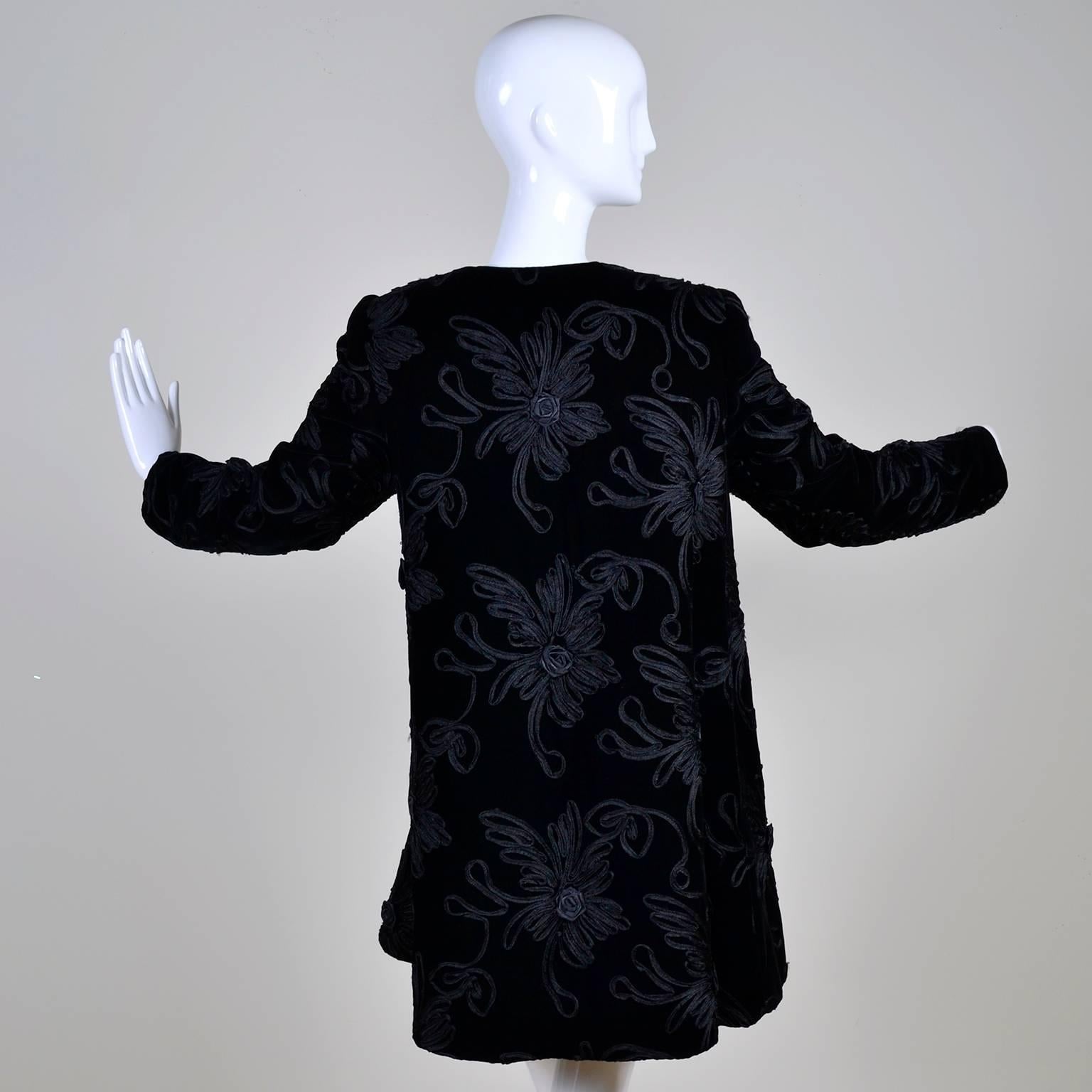 1980s Black Velvet Estevez Couture Evening Coat With Soutache Trim In Excellent Condition In Portland, OR