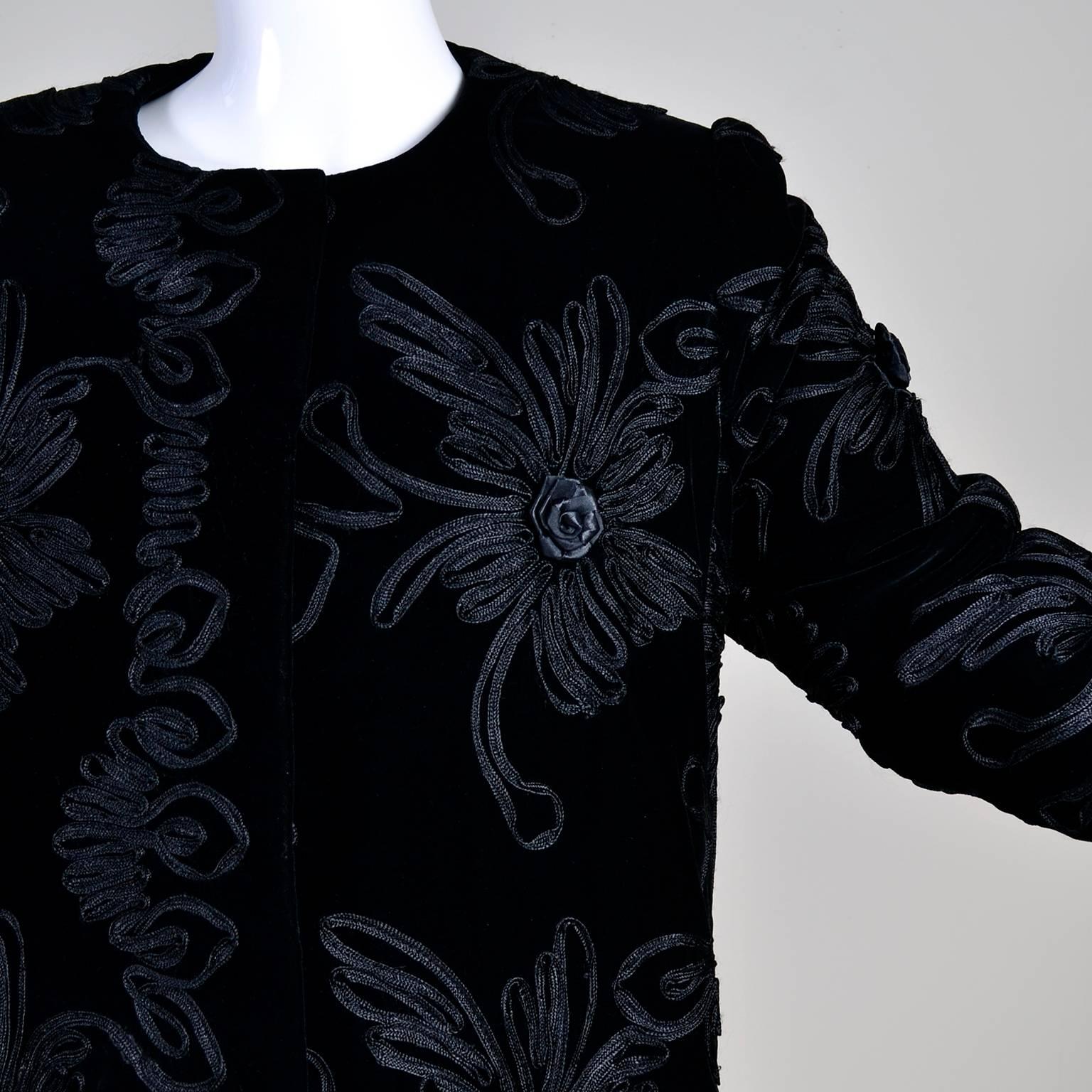 Women's 1980s Black Velvet Estevez Couture Evening Coat With Soutache Trim