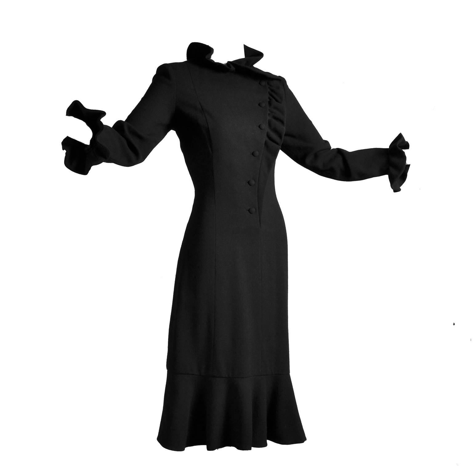 Jean Louis for I Magnin Vintage Dress in Black Crepe W/ Ruffles & High Neck 