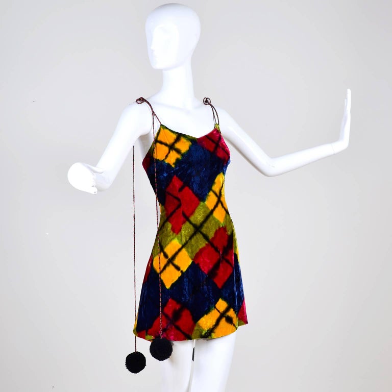 Todd Oldham Vintage Velvet Argyle Harlequin Runway Dress W Pom