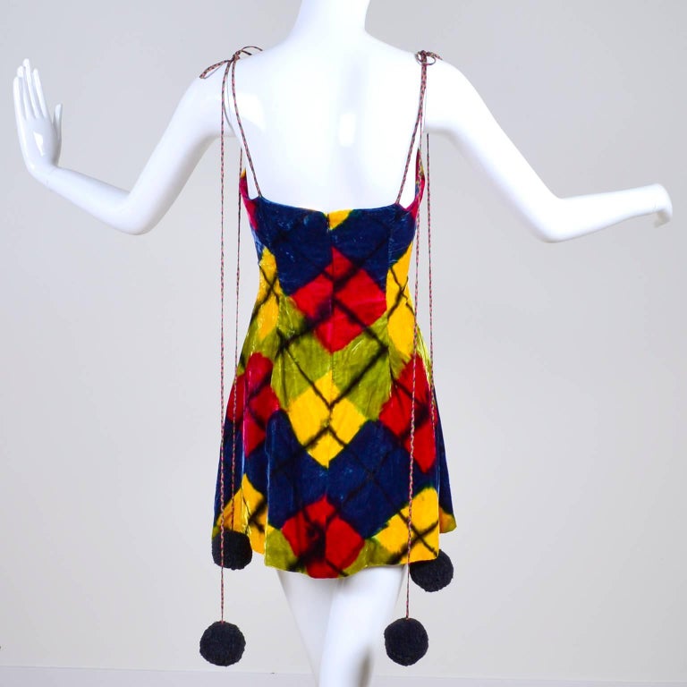 Todd Oldham Vintage Velvet Argyle Harlequin Runway Dress W Pom