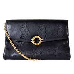 Rodo Italy Vintage Reptile Embossed Black Leather Handbag w/ Rhinestone Clasp