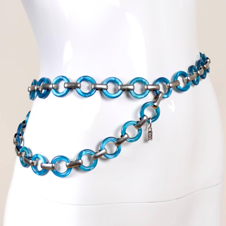 1970s YSL Yves Saint Laurent Vintage Blue Lucite and Silver Link Belt