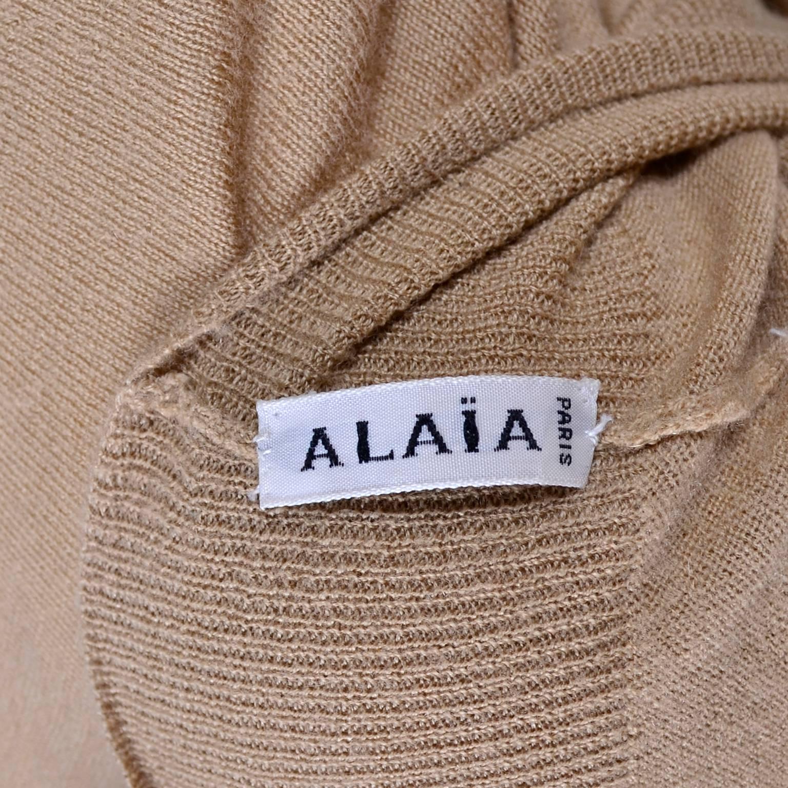 Women's Alaia Cashmere Cropped Short Sleeve Tan Sweater Top