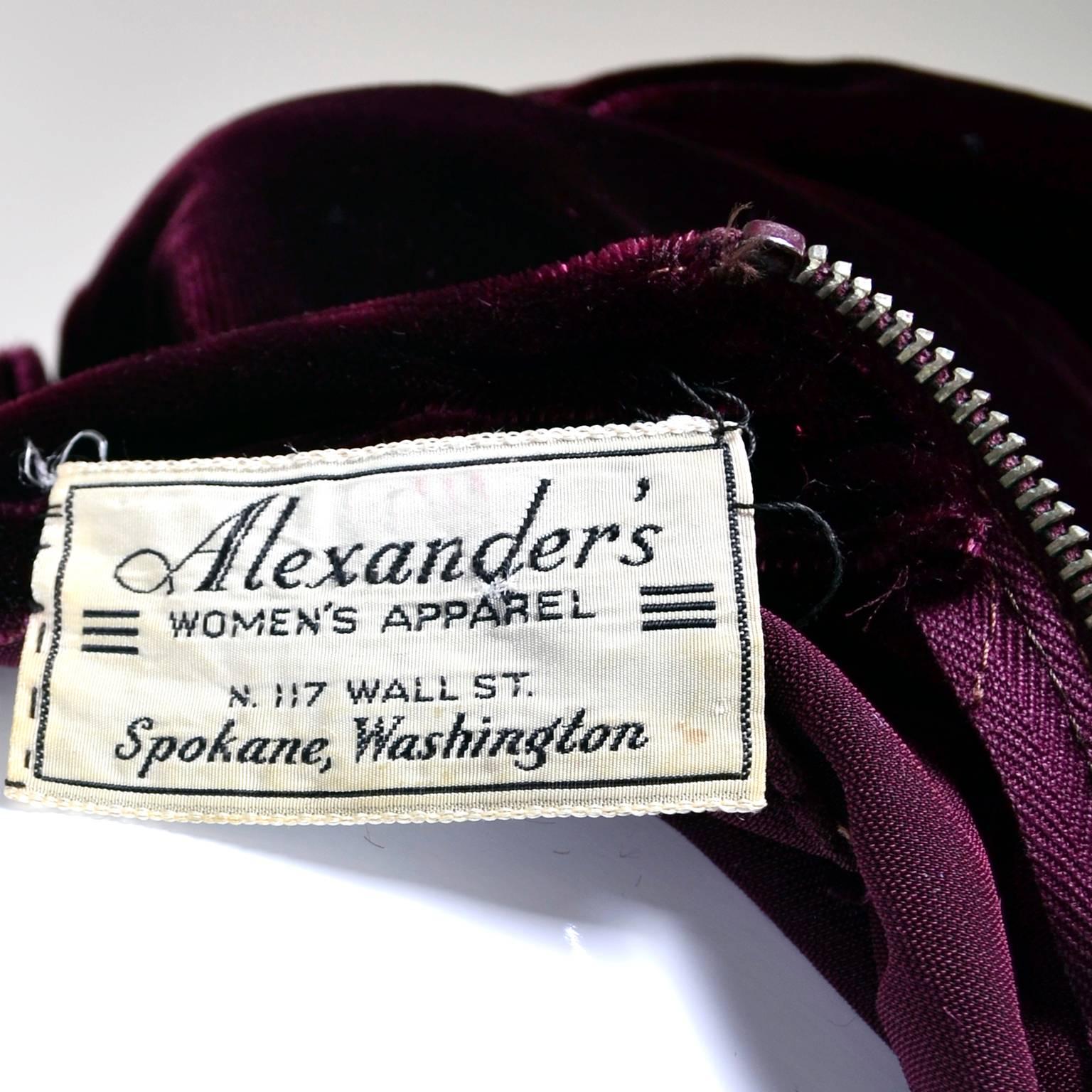 Alexanders 1930s Burgundy Velvet Dress With Rhinestone Clips 2