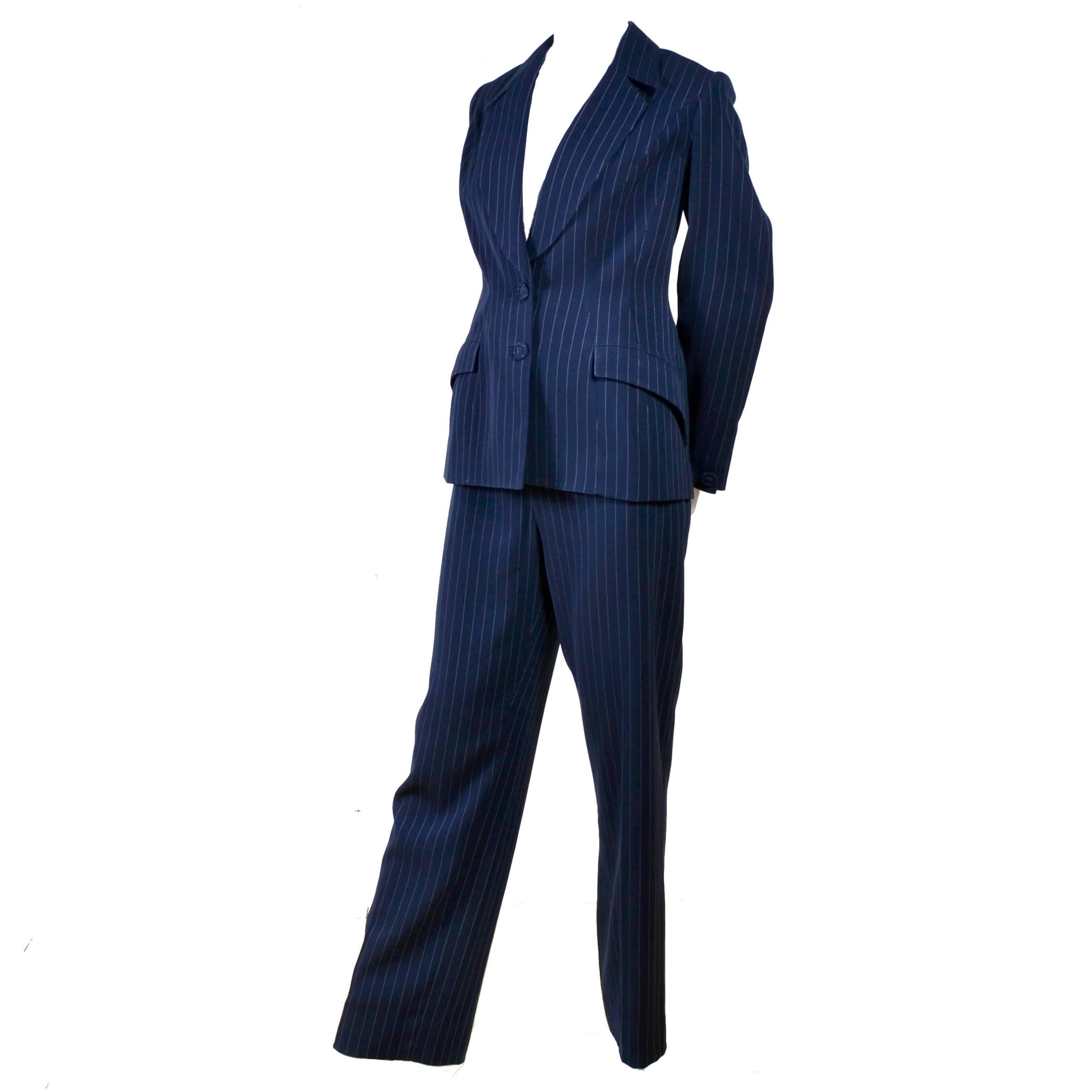 Thierry Mugler Vintage Suit in Pinstripe Dark Navy Blue Wool High Waist Trousers