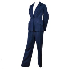 Thierry Mugler Vintage Suit in Pinstripe Dark Navy Blue Wool High Waist Trousers