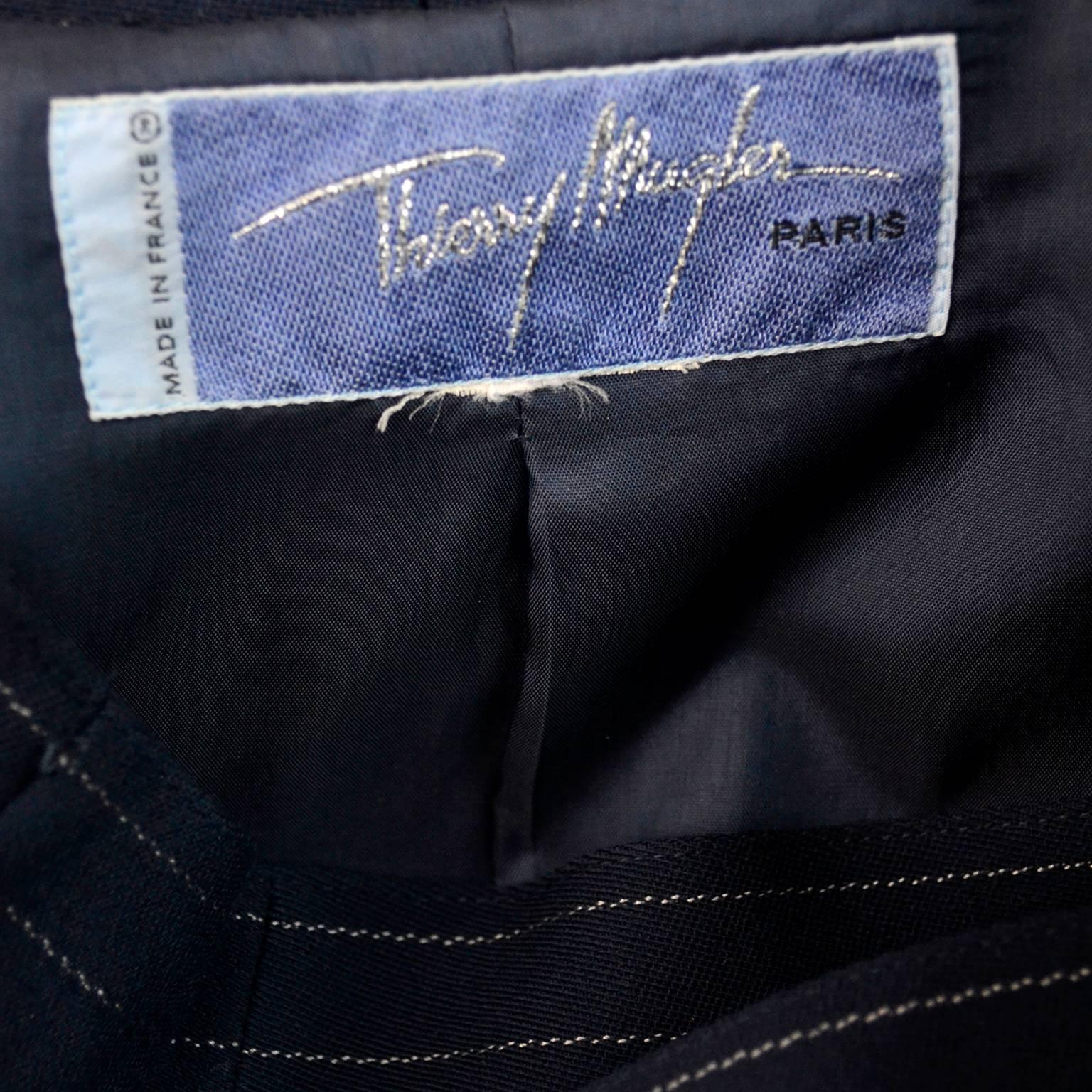 Women's Thierry Mugler Vintage Suit in Pinstripe Dark Navy Blue Wool High Waist Trousers