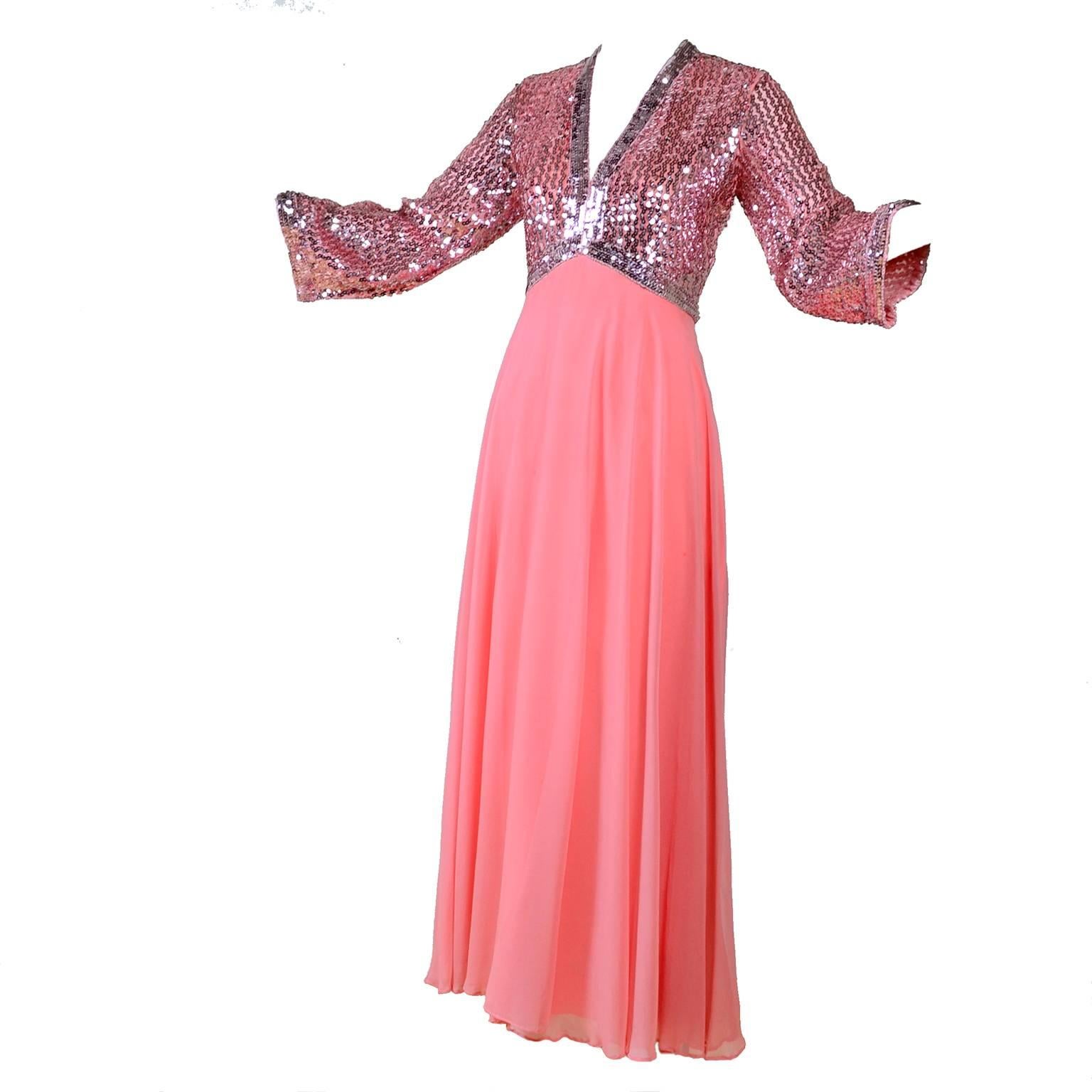 1970s Pink Chiffon & Sequins Vintage Long Dress Evening Gown