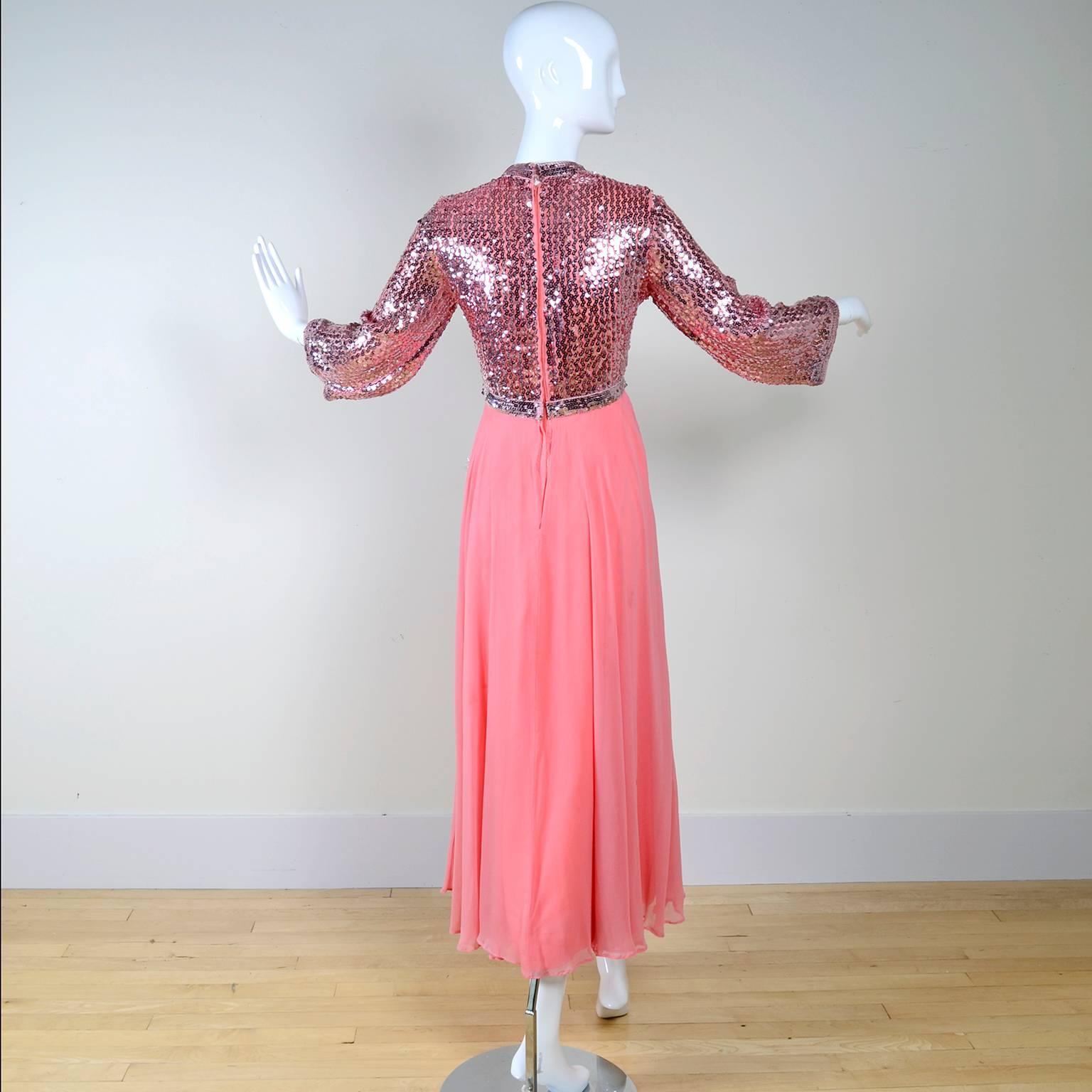 Women's 1970s Pink Chiffon & Sequins Vintage Long Dress Evening Gown