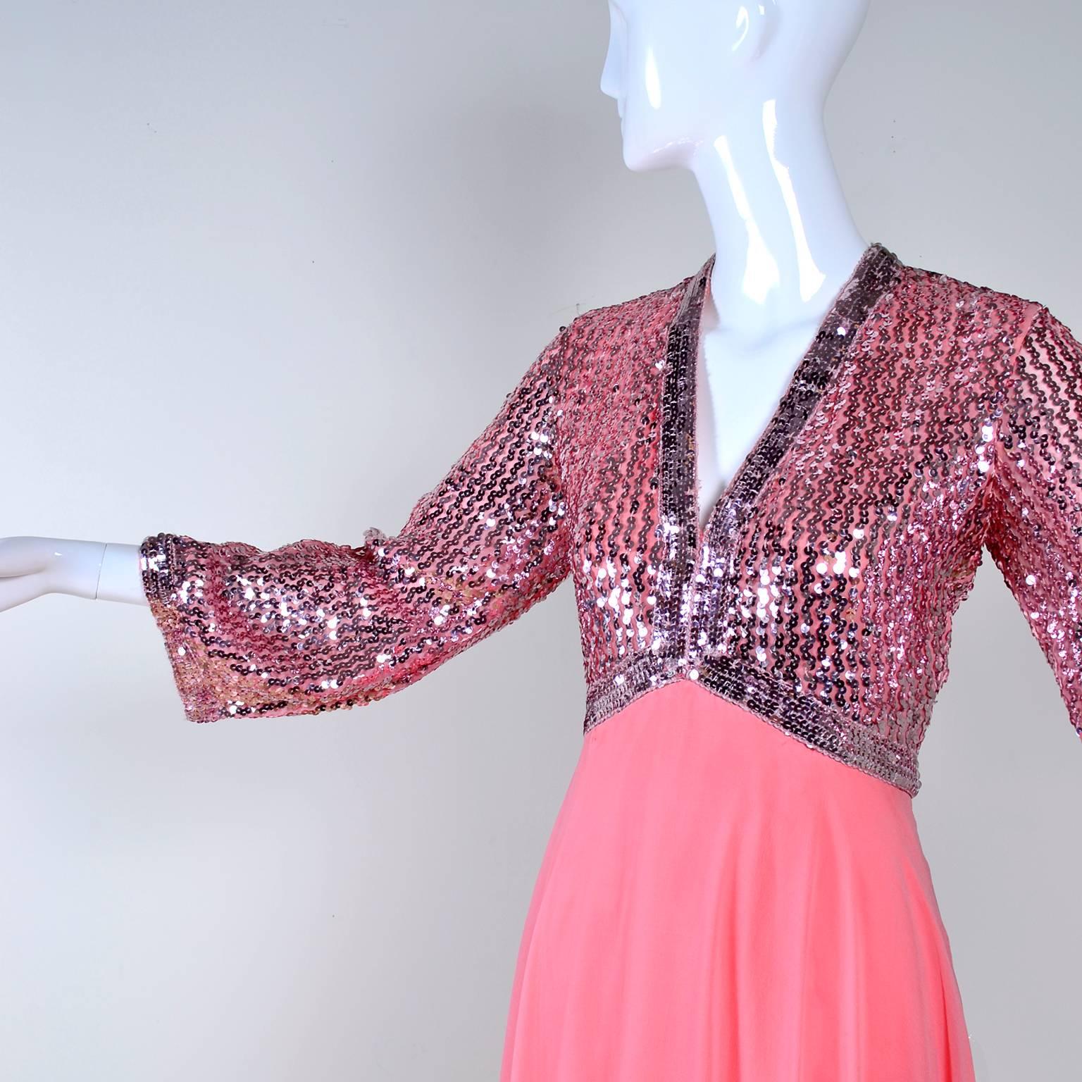 1970s Pink Chiffon & Sequins Vintage Long Dress Evening Gown 1