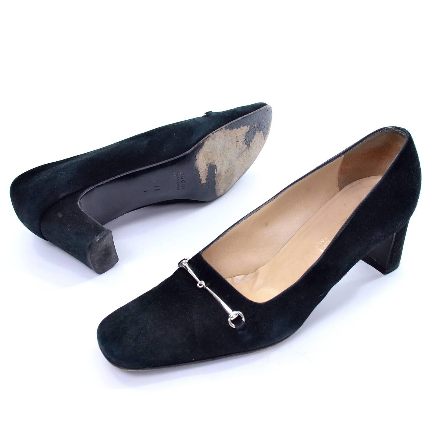 Noir Gucci - Chaussures vintage en daim noir avec mors de cheval, taille 7,5, avec boîte en vente