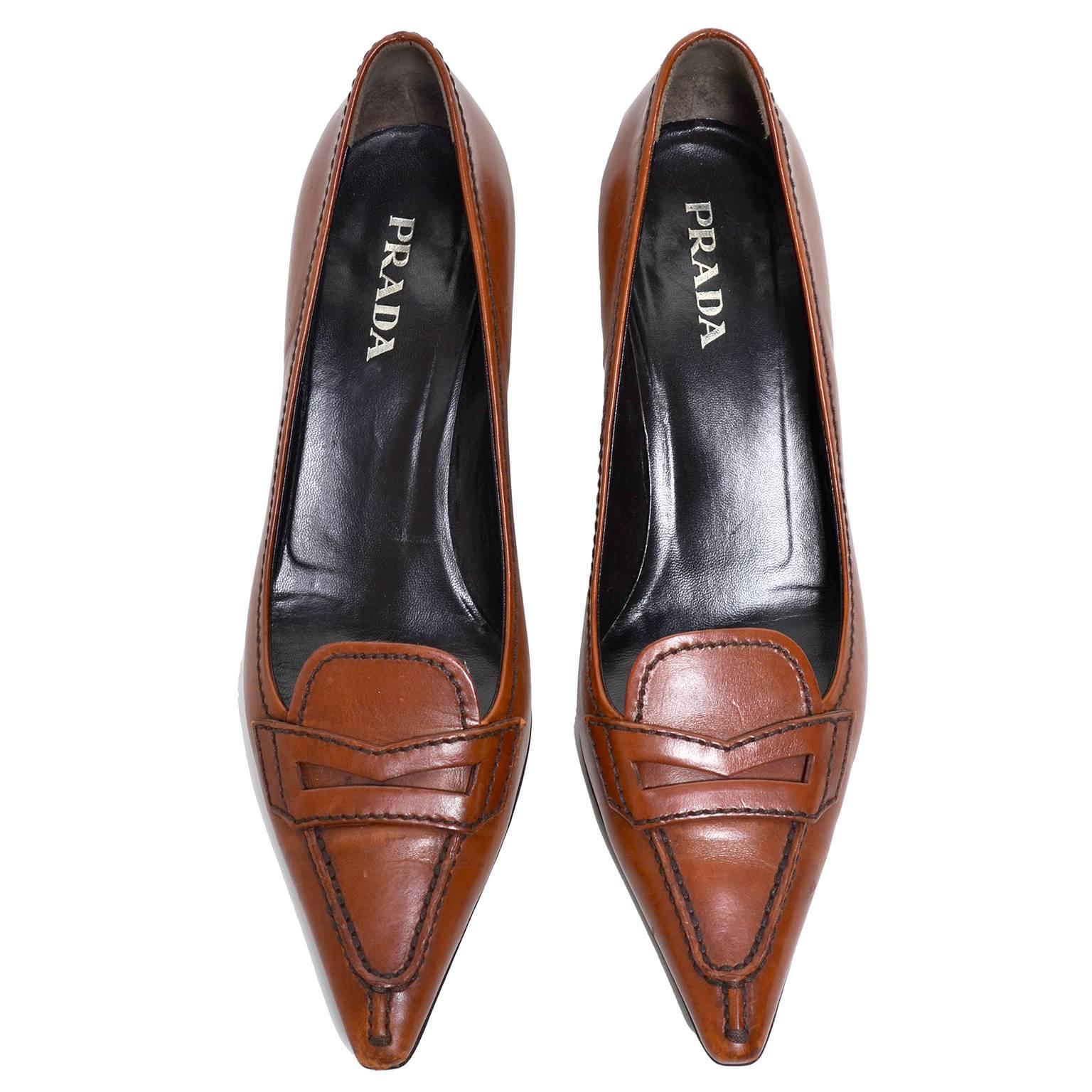 Brown Prada cognac brown leather kitten heel shoes Size 37