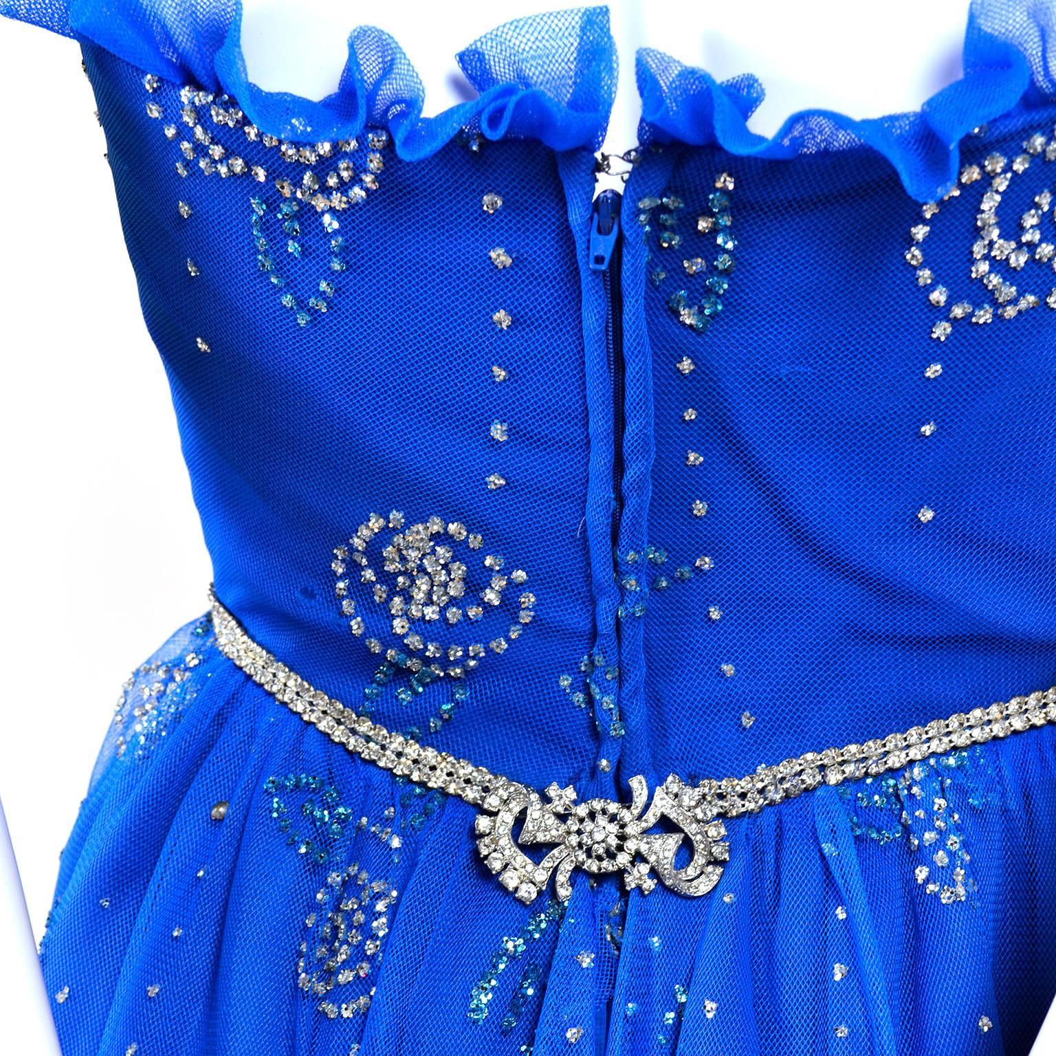 1970s Vintage Dress Strapless Bright Blue Tulle With Rhinestone Sparkles  1