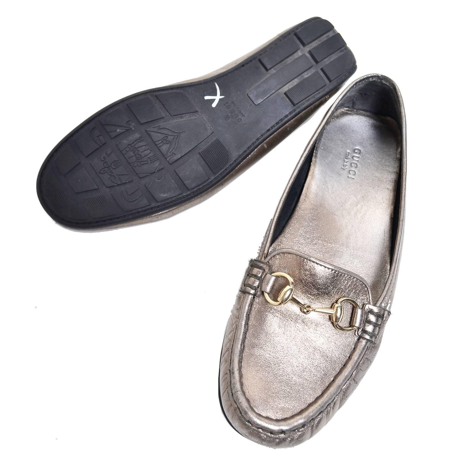 Gray Gucci Womens Metallic Loafer Driver Shoes with Horse Bit Buckles Size 37.5