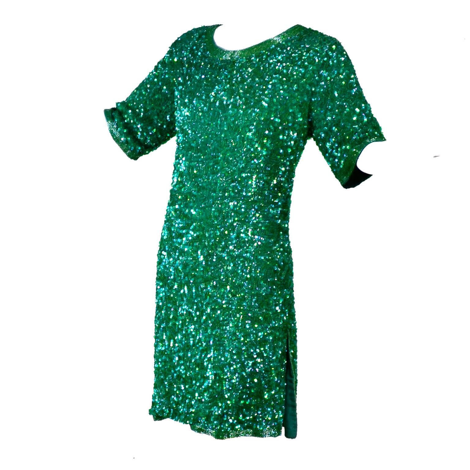 Vintage Green Beaded Sequin Silk Party Dress 