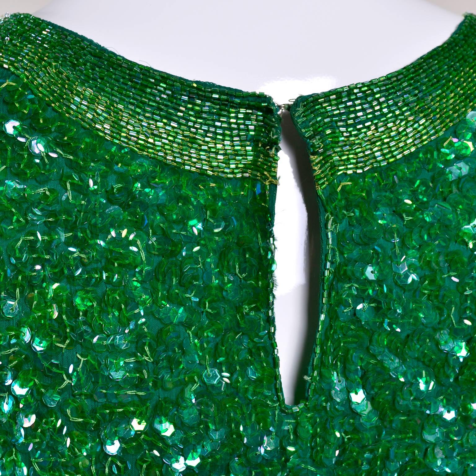 Vintage Green Beaded Sequin Silk Party Dress  2