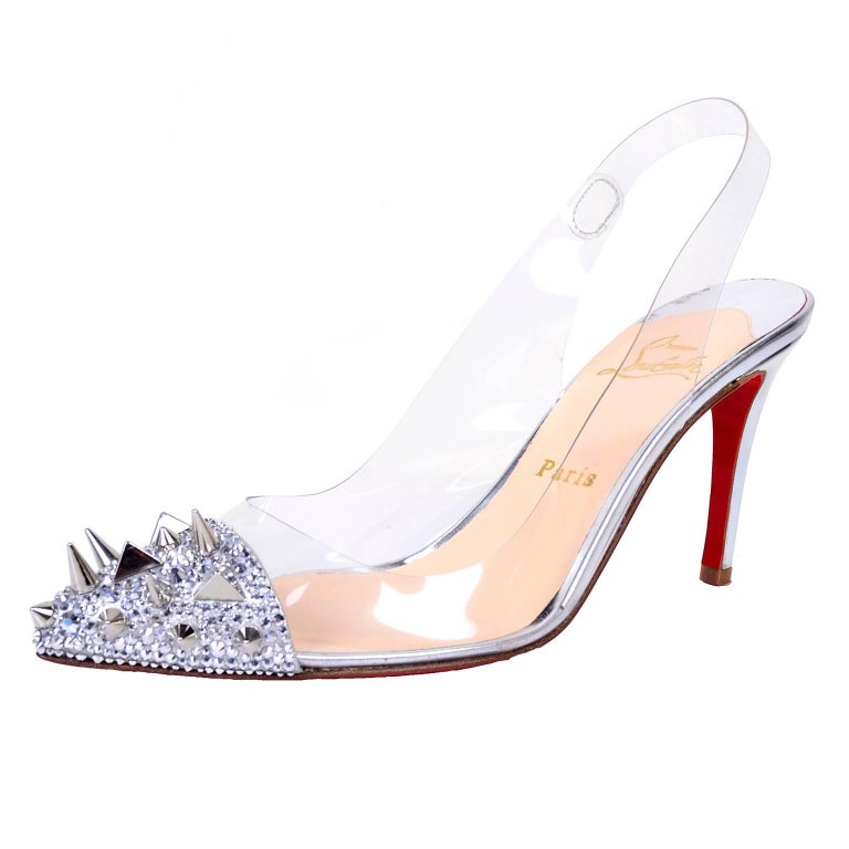 Christian Louboutin Just Picks Silver Spike Sling Back Heels W/Box and Bag  Size 38 at 1stDibs