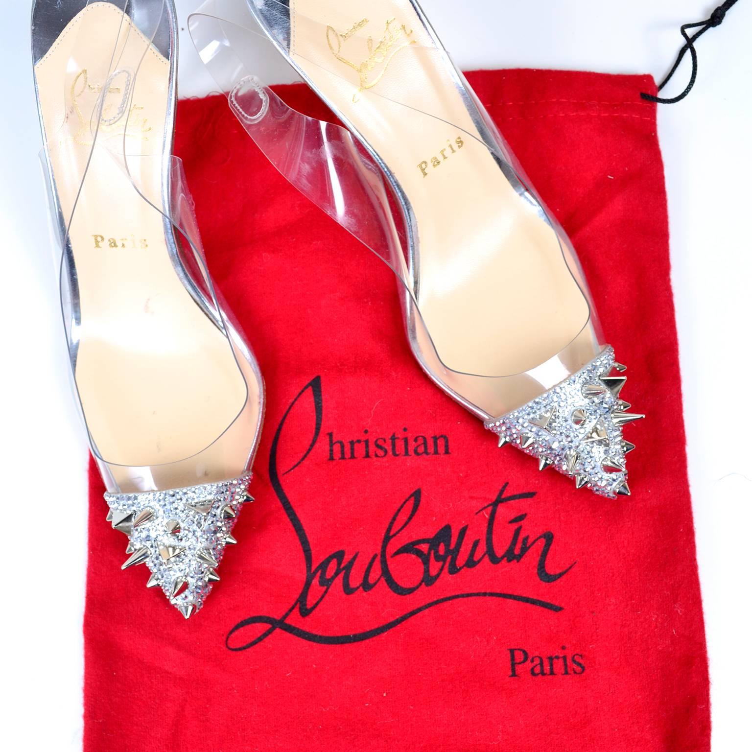 Christian Louboutin Just Picks Silver Spike Sling Back Heels W/Box & Bag Size 38 In Excellent Condition In Portland, OR