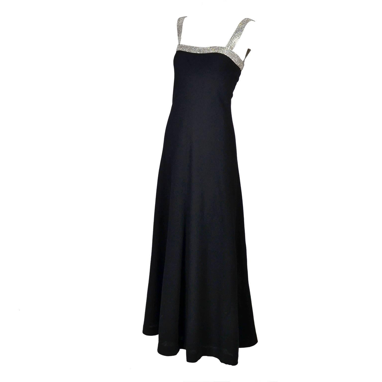 1970s Vintage I Magnin Black Evening Gown Dress W/ 6 Rows of Rhinestones  For Sale