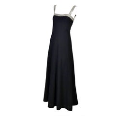 1970s Vintage I Magnin Black Evening Gown Dress W/ 6 Rows of Rhinestones 