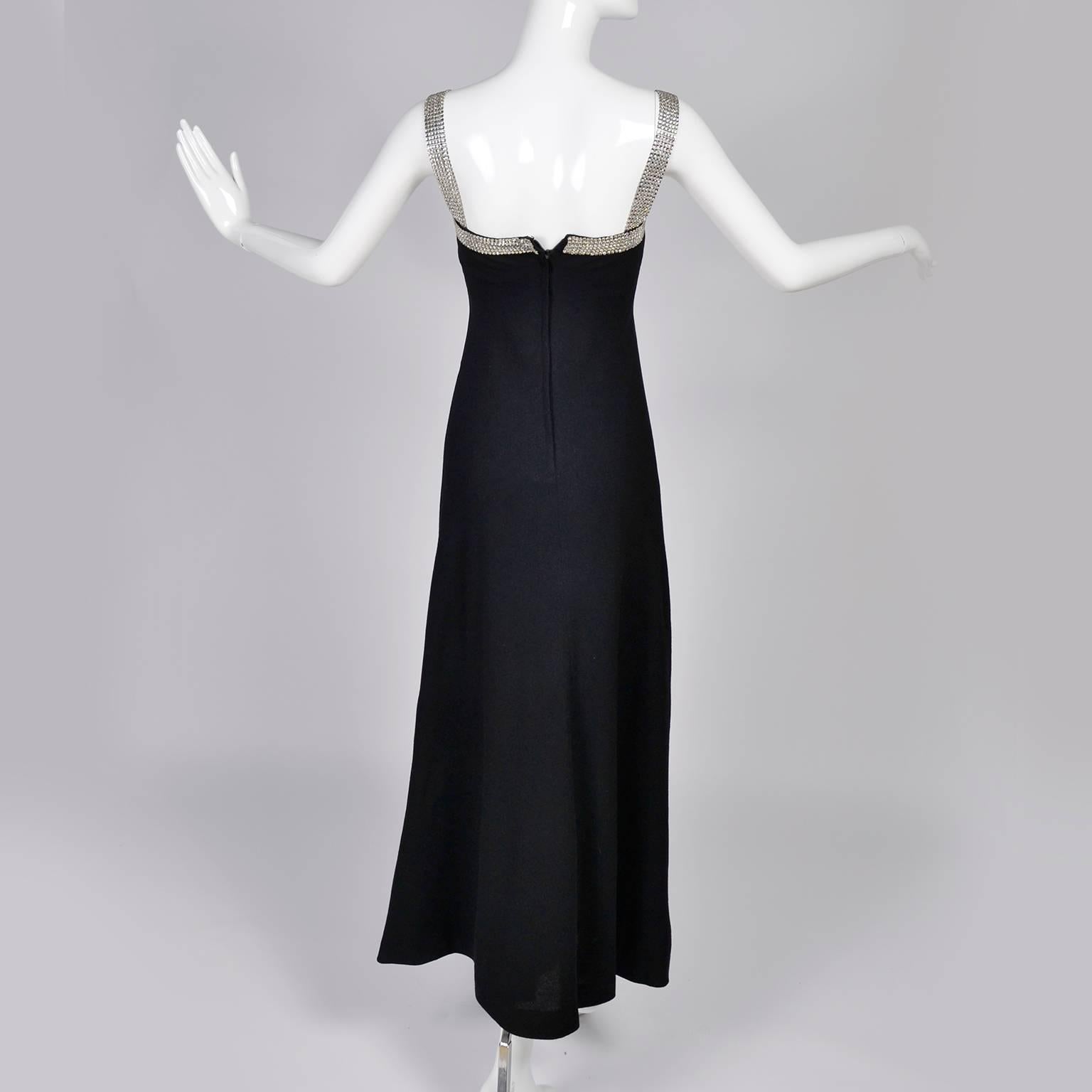 1970s Vintage I Magnin Black Evening Gown Dress W/ 6 Rows of Rhinestones  In Excellent Condition For Sale In Portland, OR