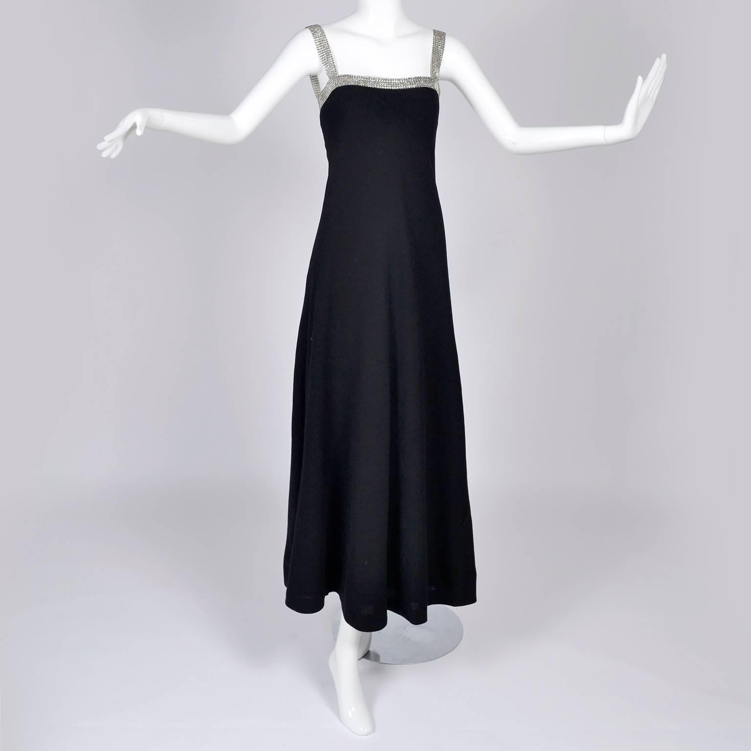 1970s Vintage I Magnin Black Evening Gown Dress W/ 6 Rows of Rhinestones  For Sale 1