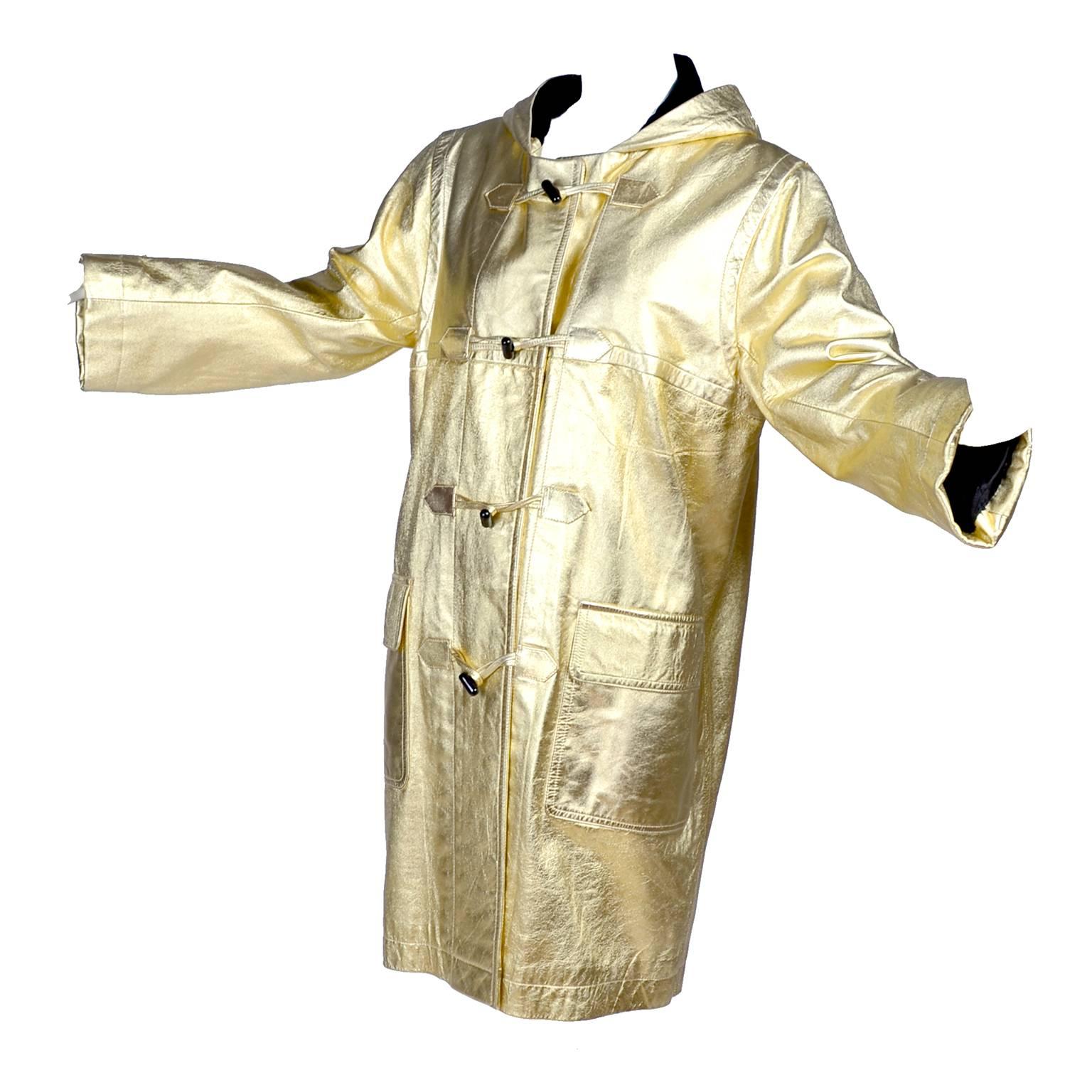 YSL Yves Saint Laurent Vintage Gold Leather Duffel Coat W/ Velvet Lined Hood 