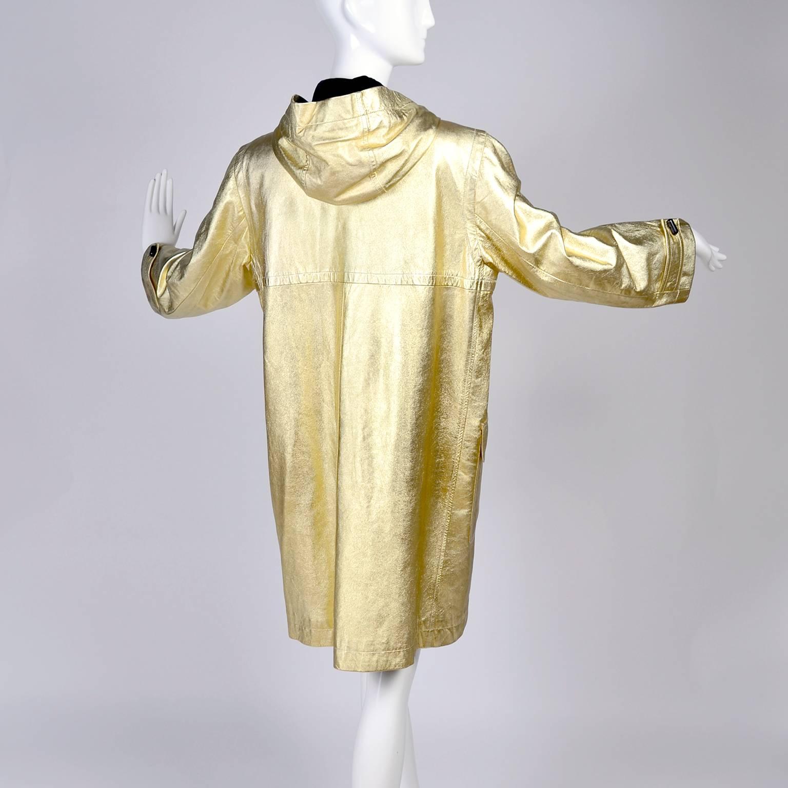 YSL Yves Saint Laurent Vintage Gold Leather Duffel Coat W/ Velvet Lined Hood  2