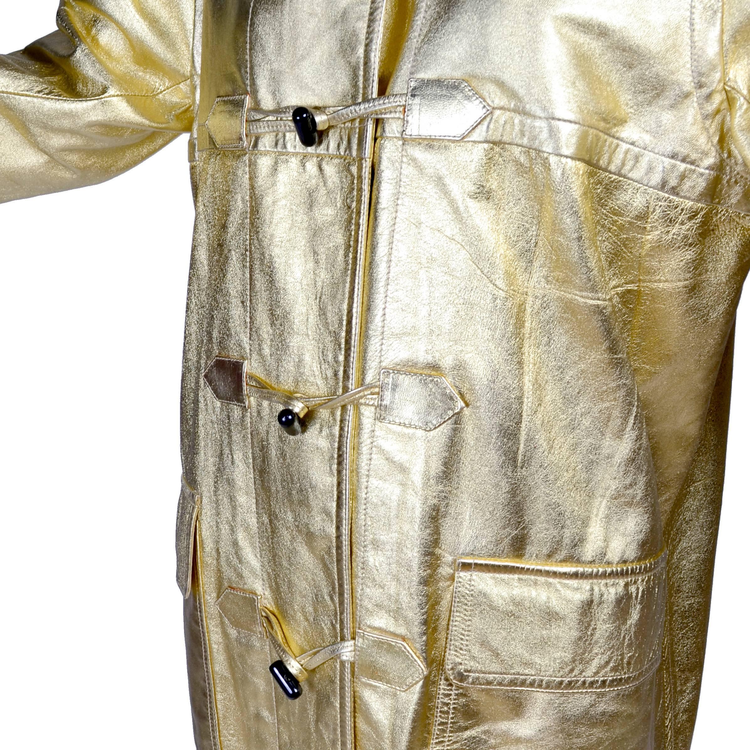 Women's YSL Yves Saint Laurent Vintage Gold Leather Duffel Coat W/ Velvet Lined Hood 