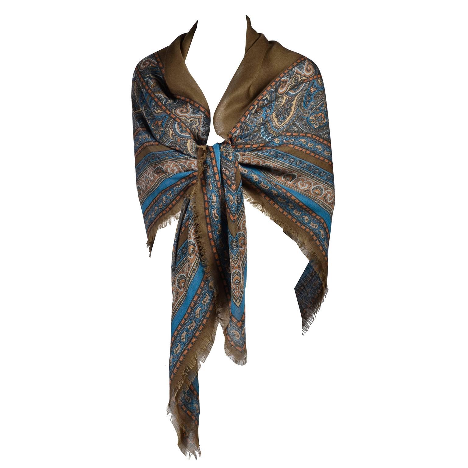 1970s YSL Yves Saint Laurent 52" Blue & Brown Wool Vintage Scarf or Shawl Wrap