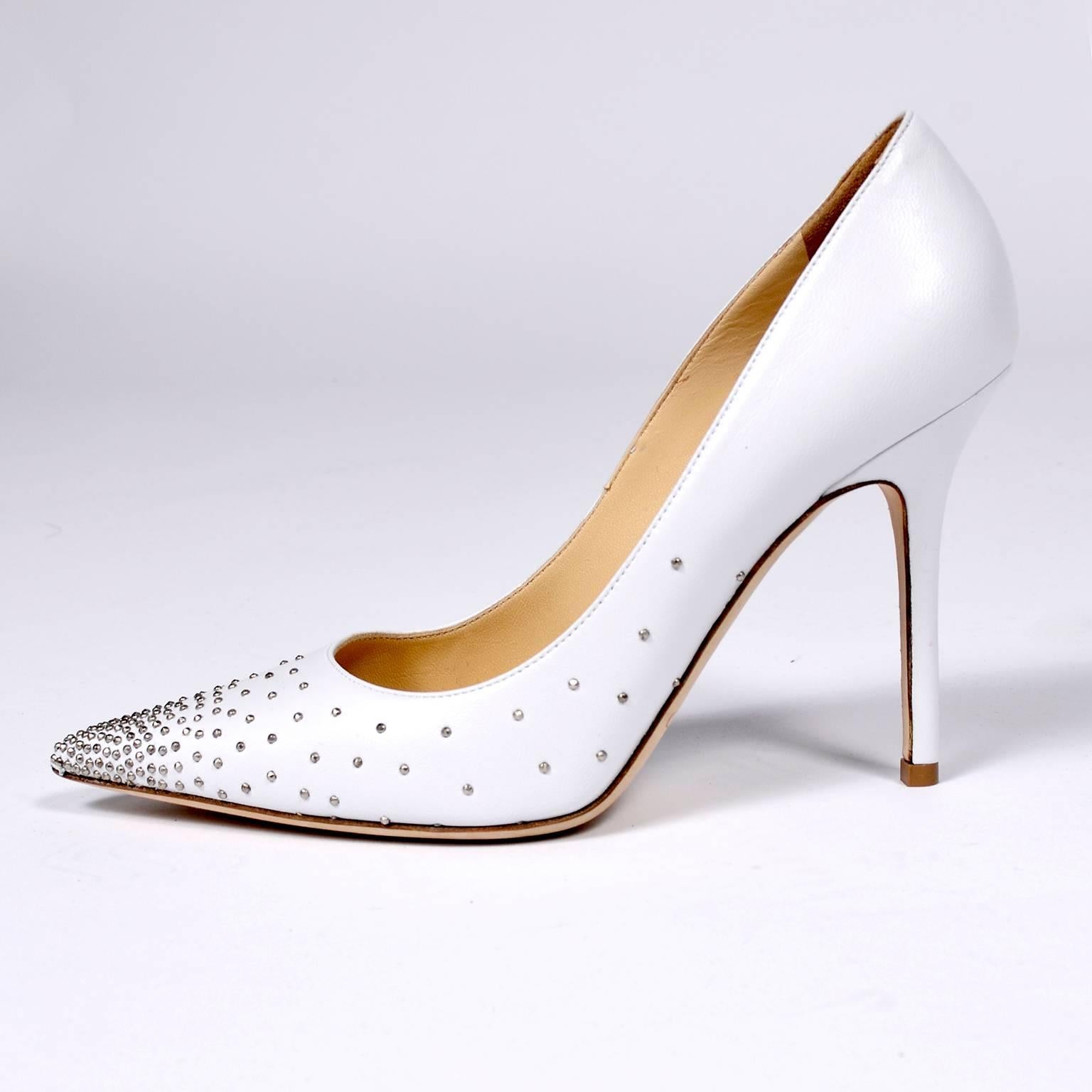 Jimmy Choo Abel White Leather Shoes with Silver Studs Unworn Size 37.5