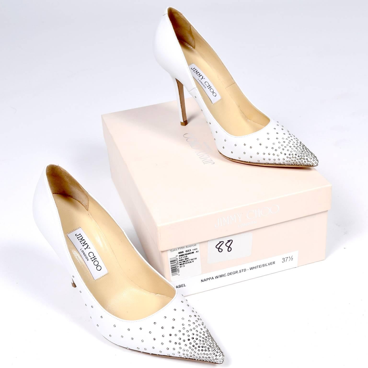Beige Jimmy Choo Abel White Leather Shoes with Silver Studs Unworn Size 37.5 For Sale