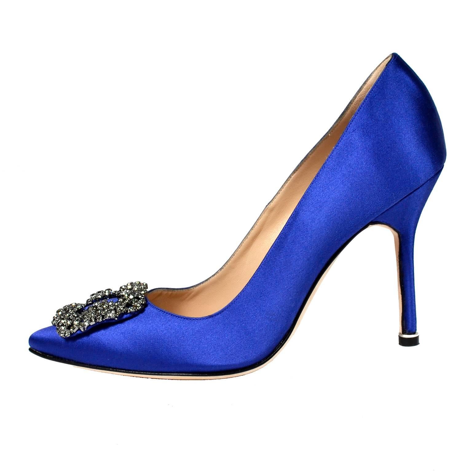 New Manolo Blahnik Carrie Bradshaw Blue Satin Shoes Lanza Heels in box 37.5 1